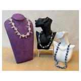 Three Beaded Necklaces - Clear Quartz Chunk, Green & Amethyst Beads, Delft Blue Porcelain Beads (Lot of 3)