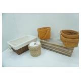 Decorative wooden and wicker storage baskets