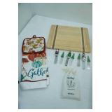 Cutting Board, Christmas Themed, Cheese Knife Set, Fall Themed Potholder and Towel Set.