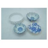 Vintage Chinese Blue & White Porcelain Lotus-Shaped Bowls, Vintage English Chippendale Johnson Bros England, & White Woven Ceramic Dish