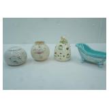 Vintage Blue Ceramic Claw foot Bathtub Miniature, Egg Shaped tea light candle holder, Lenox Floral Garden Gold Rimmed Vase, Life is a Circle Tea Light Holder Vase w/cover