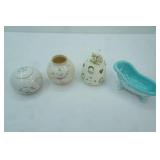 Vintage Blue Ceramic Claw foot Bathtub Miniature, Egg Shaped tea light candle holder, Lenox Floral Garden Gold Rimmed Vase, Life is a Circle Tea Light Holder Vase w/cover