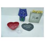 2 Piece Ceramic Christmas Tree Themed Candle Holder, Glass Block "Joy" w/LED light, Slate Heart,  Heart Bowl, Crystal Heart Votive Candle Holder