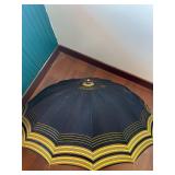 Navy Blue Umbrella with Yellow Stripe Edge - Wooden Handle