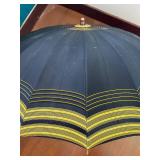 Navy Blue Umbrella with Yellow Stripe Edge - Wooden Handle