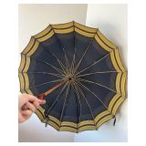 Navy Blue Umbrella with Yellow Stripe Edge - Wooden Handle