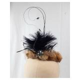 Fascinator Hat - Brown Fur Trim, Black Feathers, Birdcage Net Veil