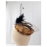 Fascinator Hat - Brown Fur Trim, Black Feathers, Birdcage Net Veil