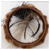 Fascinator Hat - Brown Fur Trim, Black Feathers, Birdcage Net Veil