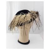 Cloche Hat - Black Felt with Beige Feather Trim, Vintage Style Dress Accessory