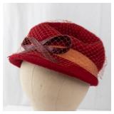 Red Velvet Cloche Hat With Birdcage Net Veil And Beige Satin Band