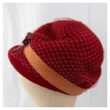 Red Velvet Cloche Hat With Birdcage Net Veil And Beige Satin Band
