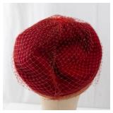 Red Velvet Cloche Hat With Birdcage Net Veil And Beige Satin Band