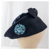 Black Felt Fascinator Hat - Blue Feather Accent & Rhinestone Brooch