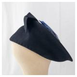 Black Felt Fascinator Hat - Blue Feather Accent & Rhinestone Brooch