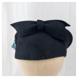 Black Felt Fascinator Hat - Blue Feather Accent & Rhinestone Brooch