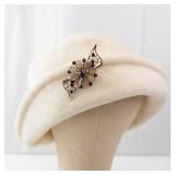 Vintage Cream Wool Felt Cloche Hat with Purple Rhinestone Floral Brooch