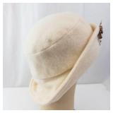 Vintage Cream Wool Felt Cloche Hat with Purple Rhinestone Floral Brooch