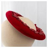 Headpiece - Red Velvet Circular Hat with Pink Ornamental Trim