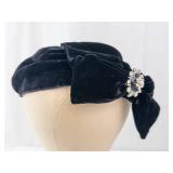 Black Velvet Turban Hat with Crystal Brooch - Size Large