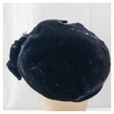 Black Velvet Turban Hat with Crystal Brooch - Size Large