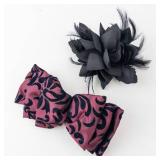 Burgundy Satin Bow Hair Clip Set with Black Pattern & Black Feather Flower Clip (Two-Piece)
