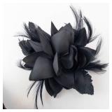 Burgundy Satin Bow Hair Clip Set with Black Pattern & Black Feather Flower Clip (Two-Piece)