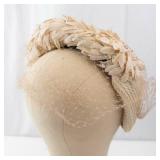Beige Straw Hat with Fabric Floral Accents & Veil - Women