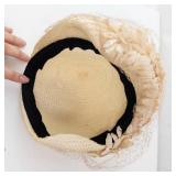 Beige Straw Hat with Fabric Floral Accents & Veil - Women