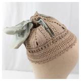 Beige Crochet Lace Bonnet Hat with Gray Ribbon - Vintage Style Headpiece