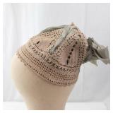 Beige Crochet Lace Bonnet Hat with Gray Ribbon - Vintage Style Headpiece