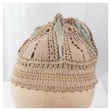 Beige Crochet Lace Bonnet Hat with Gray Ribbon - Vintage Style Headpiece