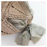 Beige Crochet Lace Bonnet Hat with Gray Ribbon - Vintage Style Headpiece