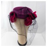 Pillbox Hat Magenta with Black Net Veil and Red Floral Accent
