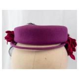Pillbox Hat Magenta with Black Net Veil and Red Floral Accent