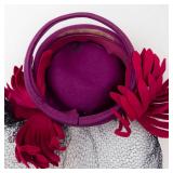 Pillbox Hat Magenta with Black Net Veil and Red Floral Accent