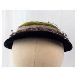 Chanda by Harold Hat - Green Velvet Crown, Black Brim, Net Veil, Vintage Millinery