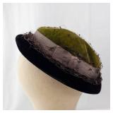 Chanda by Harold Hat - Green Velvet Crown, Black Brim, Net Veil, Vintage Millinery