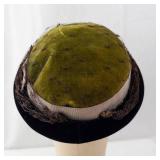 Chanda by Harold Hat - Green Velvet Crown, Black Brim, Net Veil, Vintage Millinery