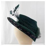 Jen Field Felts Green 100% Virgin Wool Hat with Feather & Veil Netting (Newmann)