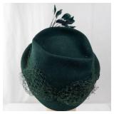 Jen Field Felts Green 100% Virgin Wool Hat with Feather & Veil Netting (Newmann)