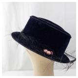 Navy Velvet Hat with Feathers & Pink Bead Accent