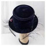 Navy Velvet Hat with Feathers & Pink Bead Accent