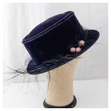 Navy Velvet Hat with Feathers & Pink Bead Accent