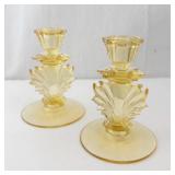 Fostoria Baroque Topaz Candlesticks - Flame Stem, Pair, 5 3/4 in Tall x 4 in Base