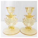 Fostoria Baroque Topaz Candlesticks - Flame Stem, Pair, 5 3/4 in Tall x 4 in Base
