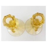 Fostoria Baroque Topaz Candlesticks - Flame Stem, Pair, 5 3/4 in Tall x 4 in Base