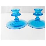 Pair of Fostoria Pioneer Blue Candlesticks
