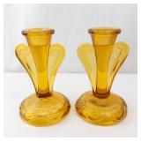 Bagley Rutland Amber Glass Candlesticks - Pair