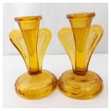 Bagley Rutland Amber Glass Candlesticks - Pair